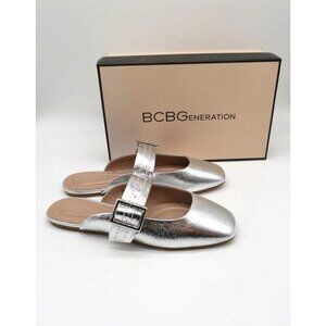 BCBGeneration Hope Women's Silver Slide-On Flats With Buckle Detail 9M/40 NEW